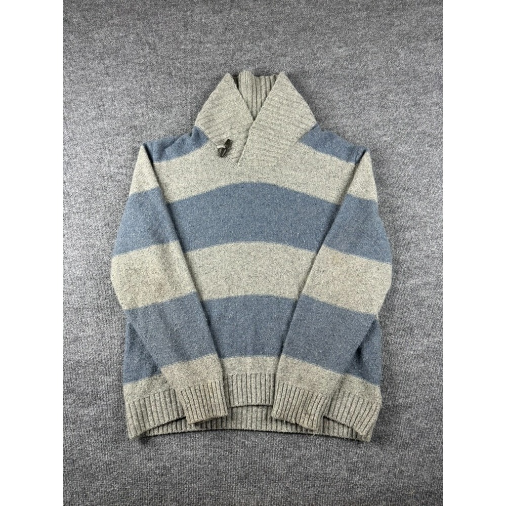 Gap Sweater Mens XL Gray Blue Striped Lambswool Shawl Neck Toggle Pullover